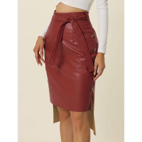 High Low Skirt Belted High Waist Side Button Decor Leather Skirt Wine - Picture 2 of 6